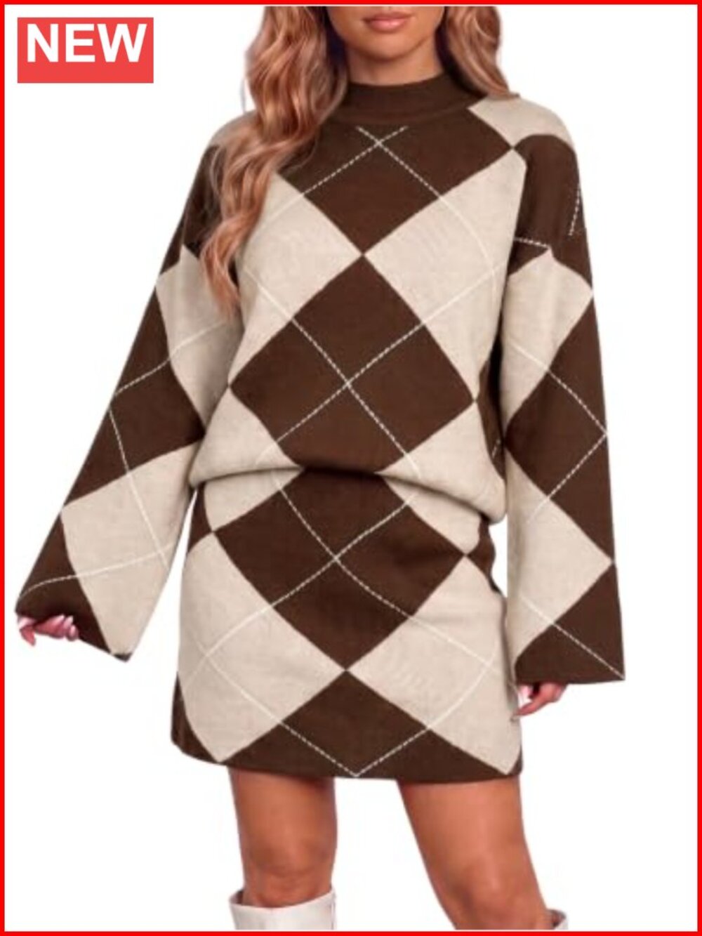 Argyle Knit 2 Piece Sweater Skirt Set Mock Neck Mini Casual